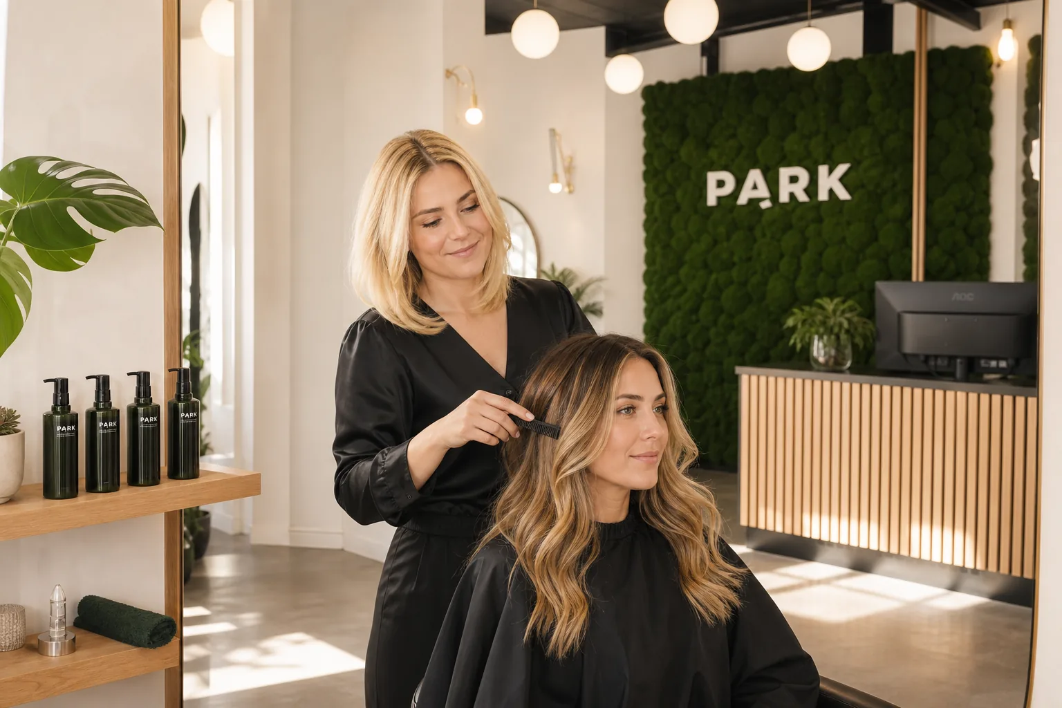 Stylist klipper kunde foran salonens mosvæg